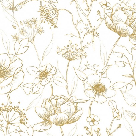 Papier-Peint - Fleurs en blanc et or
